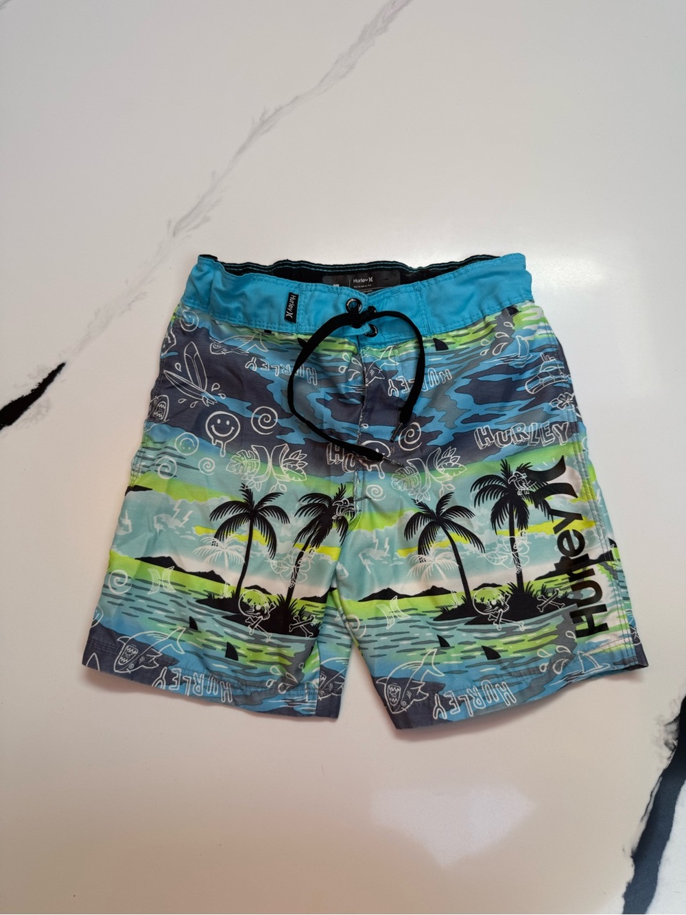 Hurley Boys Size 5 Board Shorts Swim Trunks Sharks Tropical Surf Blue
